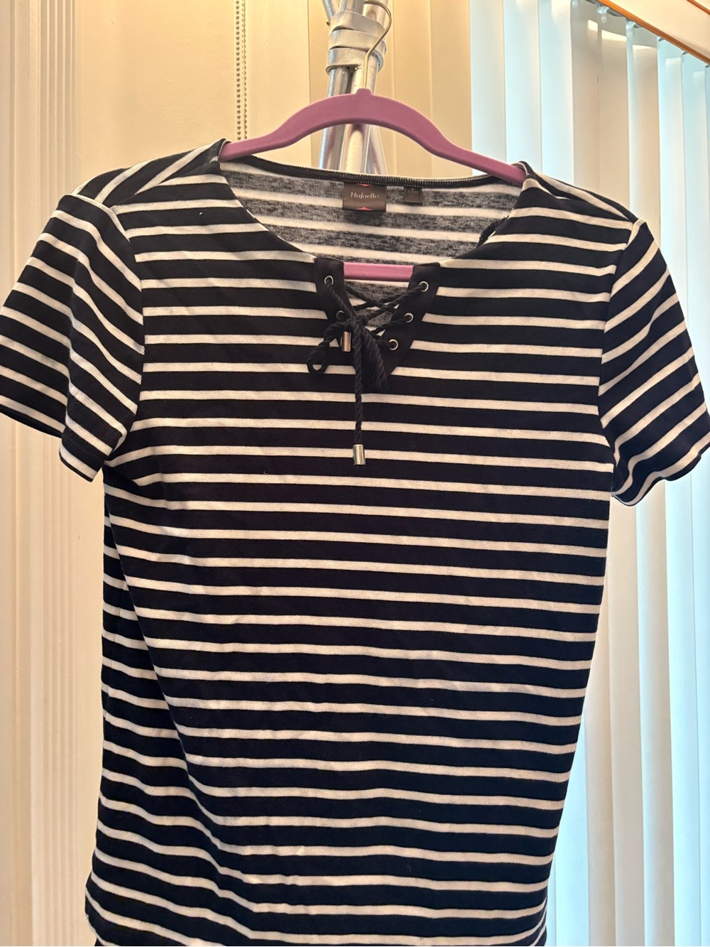 Rafaella Black & White Lace-Up Striped Short Sleeve Top